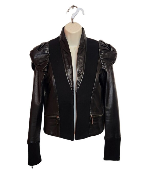 Affliction Jackets & Blazers - Afflication Leather Ribbed Knit Open Front Twist Puff Sleeve Moto Jacket Black M